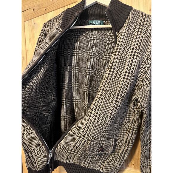 Lauren Ralph Lauren Brown Tan Houndstooth Plaid 100% Cotton Knit Zip Jacket XL - Picture 7 of 10